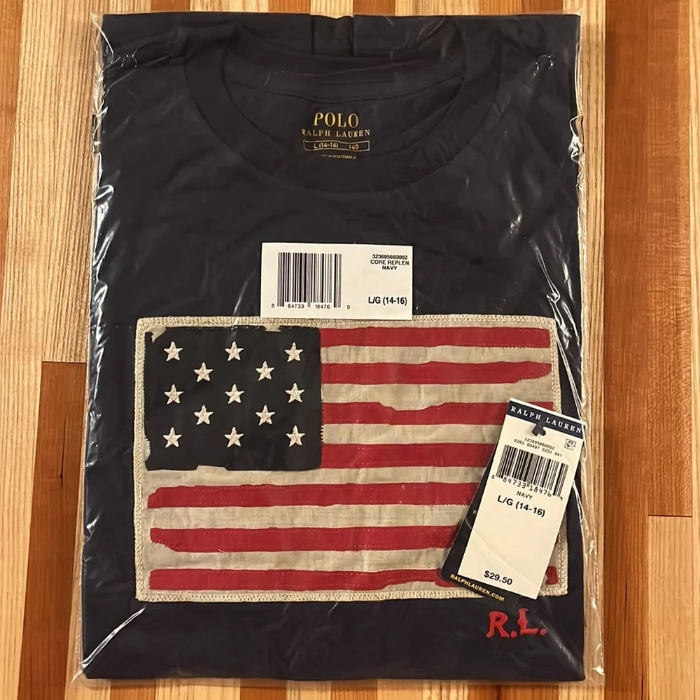 Polo Shirt Navy NEW Large (14-16) with Flag - Picture 8 of 9